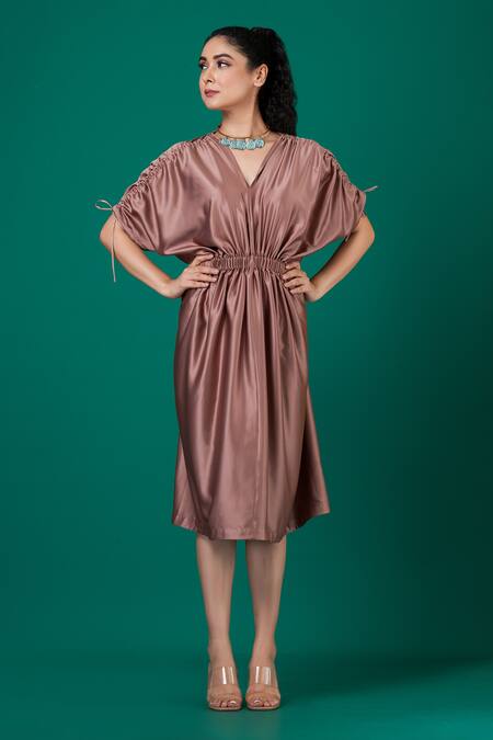 Shop_Megha Garg_Pink Satin V-neck Metallic Draped Dress _at_Aza_Fashions