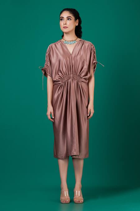 Megha Garg_Pink Satin V-neck Metallic Draped Dress _Online_at_Aza_Fashions