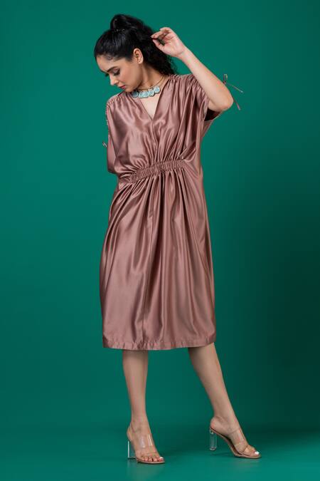 Buy_Megha Garg_Pink Satin V-neck Metallic Draped Dress _Online_at_Aza_Fashions
