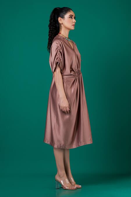 Shop_Megha Garg_Pink Satin V-neck Metallic Draped Dress _Online_at_Aza_Fashions