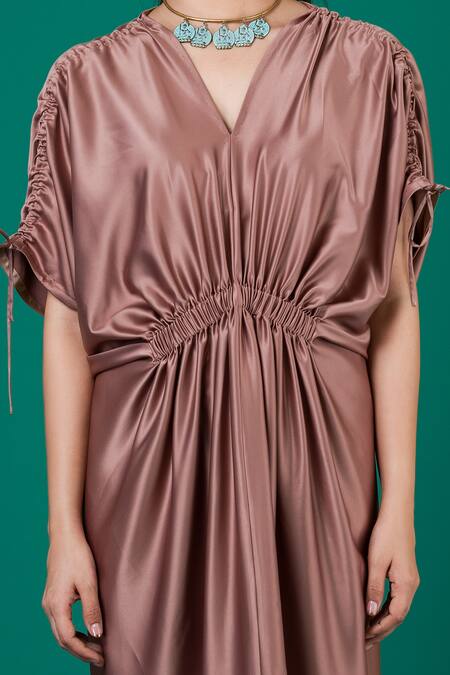 Megha Garg_Pink Satin V-neck Metallic Draped Dress _at_Aza_Fashions