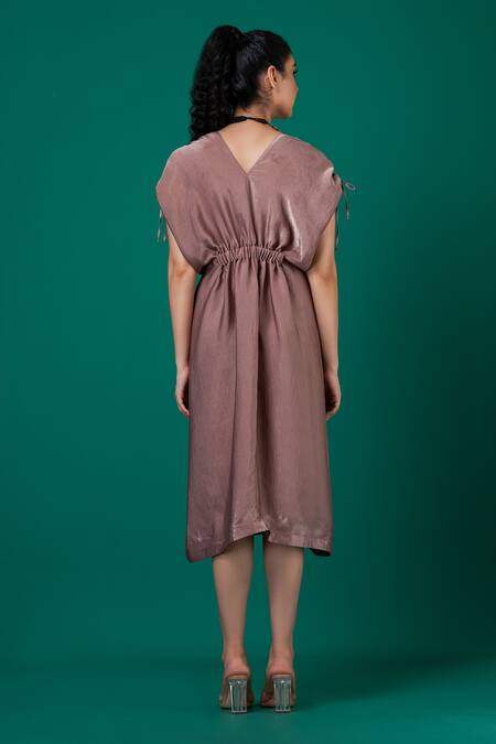Shop_Megha Garg_Brown Satin V-neck Cinched Waist Dress _at_Aza_Fashions