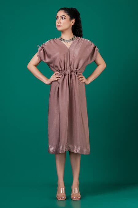 Buy_Megha Garg_Brown Satin V-neck Cinched Waist Dress _Online_at_Aza_Fashions
