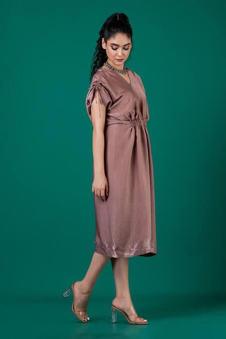Shop_Megha Garg_Brown Satin V-neck Cinched Waist Dress _Online_at_Aza_Fashions