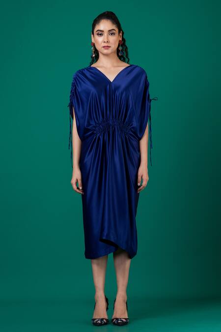 Buy Megha Garg Blue Satin V-neck Plain Cinched Waist Dress Online at Aza Fashions Buy_Megha Garg_Blue Satin V-neck Plain Cinched Waist Dress _Online_at_Aza_Fashions