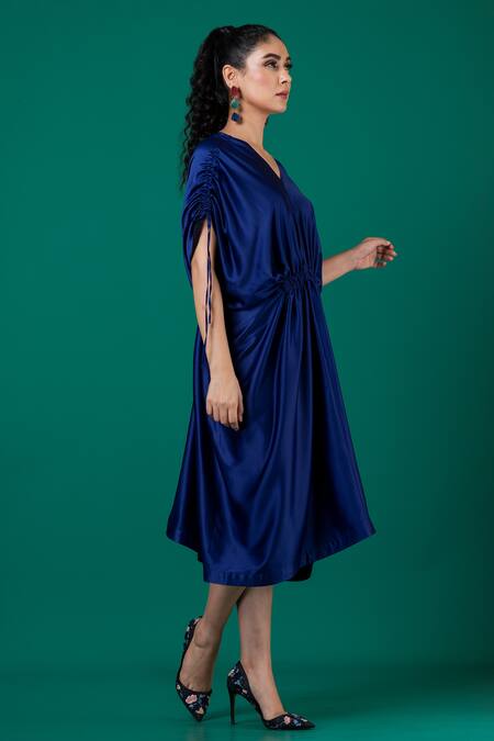 Shop Megha Garg Blue Satin V-neck Plain Cinched Waist Dress Online at Aza Fashions Shop_Megha Garg_Blue Satin V-neck Plain Cinched Waist Dress _Online_at_Aza_Fashions