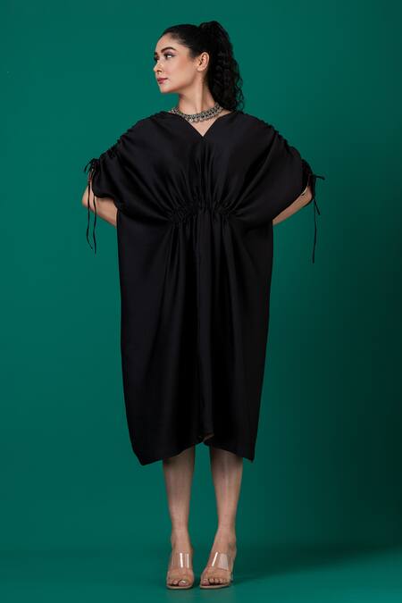 Megha Garg_Black Satin V-neck Cinched Waist Plain Dress _Online_at_Aza_Fashions
