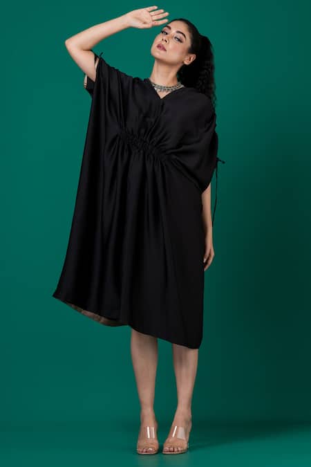 Shop_Megha Garg_Black Satin V-neck Cinched Waist Plain Dress _Online_at_Aza_Fashions