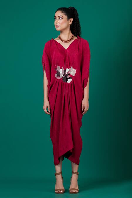 Megha Garg_Red Satin Embroidery V-neck Placement Floral Hand Dress _Online_at_Aza_Fashions