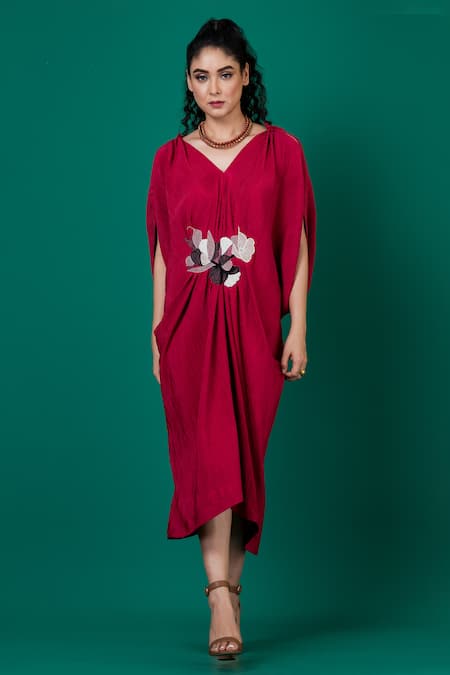 Buy_Megha Garg_Red Satin Embroidery V-neck Placement Floral Hand Dress _Online_at_Aza_Fashions