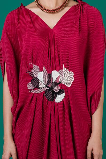 Megha Garg_Red Satin Embroidery V-neck Placement Floral Hand Dress _at_Aza_Fashions