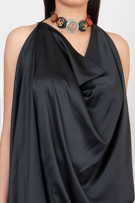 Megha Garg Black Satin Halter Neck Draped Gown Online at Aza Fashions Megha Garg_Black Satin Halter Neck Draped Gown _Online_at_Aza_Fashions