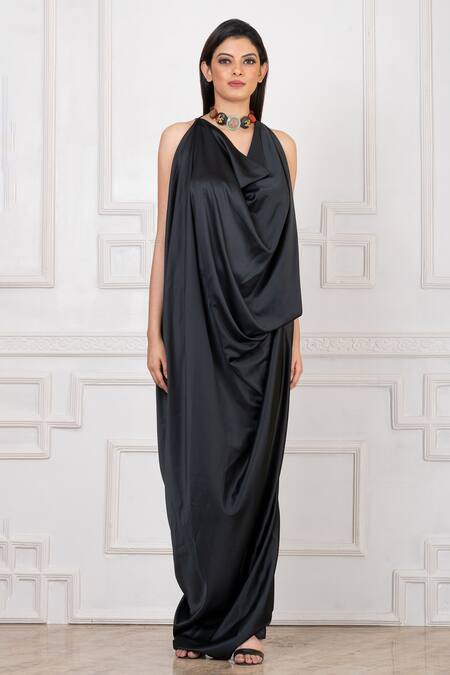 Buy Megha Garg Black Satin Halter Neck Draped Gown Online at Aza Fashions Buy_Megha Garg_Black Satin Halter Neck Draped Gown _Online_at_Aza_Fashions