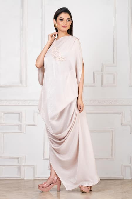 Megha Garg_Off White Silk, Satin Embroidery Asymmetric Placement Hand Draped Gown _Online_at_Aza_Fashions