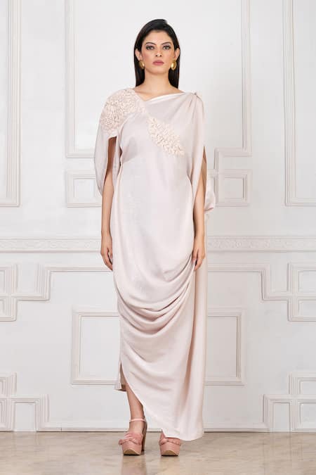 Shop_Megha Garg_Off White Silk, Satin Embroidery Asymmetric Placement Hand Draped Gown _Online_at_Aza_Fashions