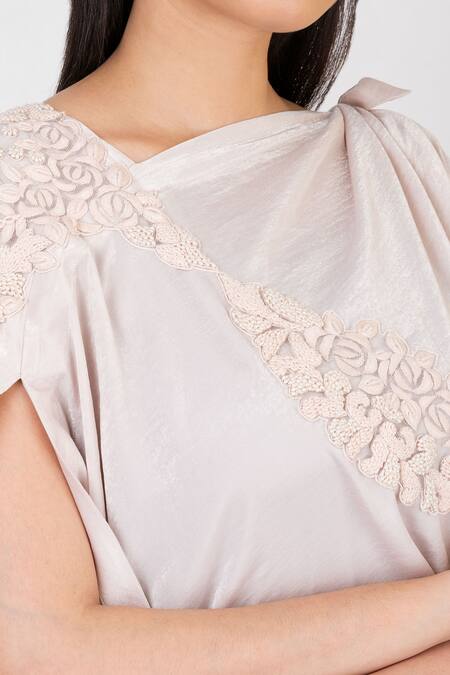 Megha Garg_Off White Silk, Satin Embroidery Asymmetric Placement Hand Draped Gown _at_Aza_Fashions