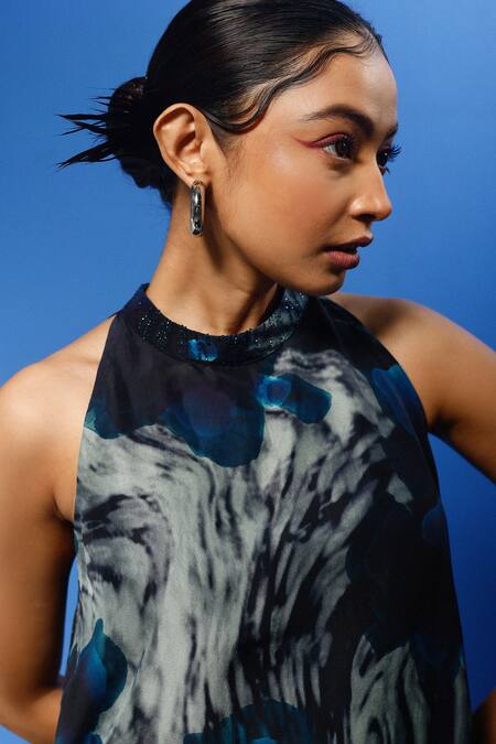 Forty Four_Multi Color Chiffon, Silk Bandeau Neck Abstract Print Dress_at_Aza_Fashions