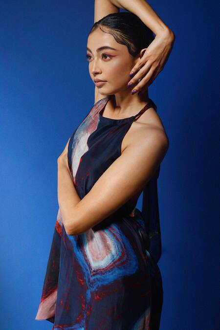 Shop Forty Four Multi Color Chiffon, Silk Halter Neck Abstract Print Dress Online at Aza Fashions Shop_Forty Four_Multi Color Chiffon, Silk Halter Neck Abstract Print Dress_Online_at_Aza_Fashions