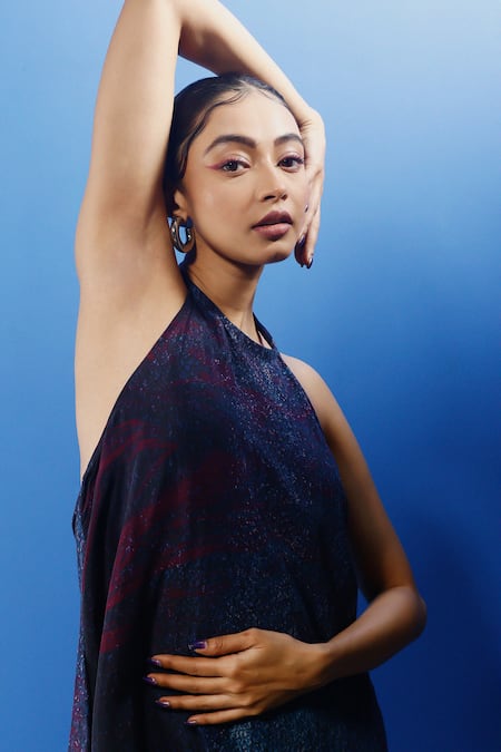Forty Four_Multi Color Chiffon, Silk Halter Neck Gradient Print Dress_Online_at_Aza_Fashions