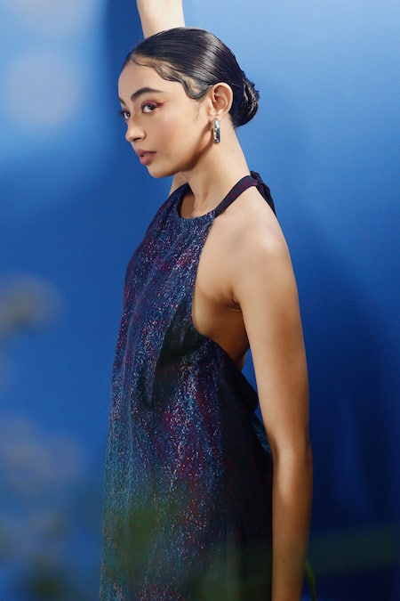 Buy_Forty Four_Multi Color Chiffon, Silk Halter Neck Gradient Print Dress_Online_at_Aza_Fashions