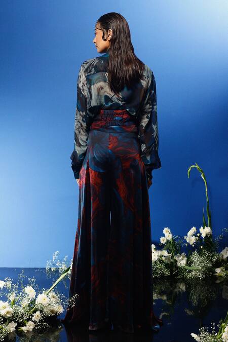 Shop Forty Four Multi Color Chiffon, Satin, Silk Sequins Collared Abstract Print Shirt Pant Set at Aza Fashions Shop_Forty Four_Multi Color Chiffon, Satin, Silk Sequins Collared Abstract Print Shirt Pant Set_at_Aza_Fashions