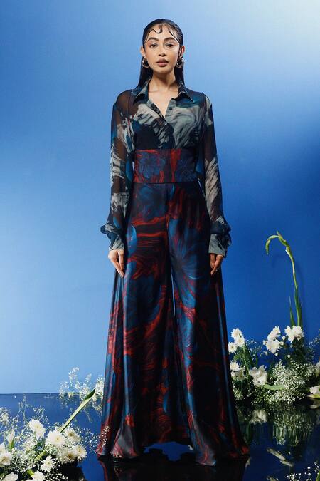 Forty Four Multi Color Chiffon, Satin, Silk Sequins Collared Abstract Print Shirt Pant Set Online at Aza Fashions Forty Four_Multi Color Chiffon, Satin, Silk Sequins Collared Abstract Print Shirt Pant Set_Online_at_Aza_Fashions