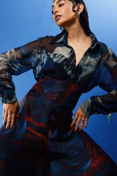 Shop Forty Four Multi Color Chiffon, Satin, Silk Sequins Collared Abstract Print Shirt Pant Set Online at Aza Fashions Shop_Forty Four_Multi Color Chiffon, Satin, Silk Sequins Collared Abstract Print Shirt Pant Set_Online_at_Aza_Fashions