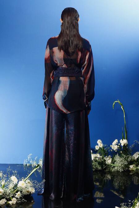 Shop Forty Four Multi Color Chiffon, Satin, Silk Shawl Neck Abstract Print Sheer Shirt Pant Set at Aza Fashions Shop_Forty Four_Multi Color Chiffon, Satin, Silk Shawl Neck Abstract Print Sheer Shirt Pant Set_at_Aza_Fashions