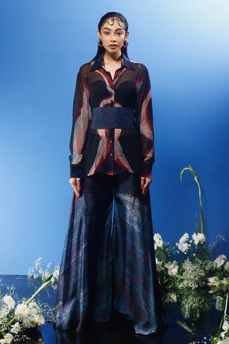 Forty Four Multi Color Chiffon, Satin, Silk Shawl Neck Abstract Print Sheer Shirt Pant Set Online at Aza Fashions Forty Four_Multi Color Chiffon, Satin, Silk Shawl Neck Abstract Print Sheer Shirt Pant Set_Online_at_Aza_Fashions