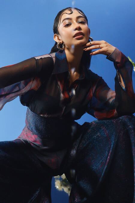 Buy Forty Four Multi Color Chiffon, Satin, Silk Shawl Neck Abstract Print Sheer Shirt Pant Set Buy_Forty Four_Multi Color Chiffon, Satin, Silk Shawl Neck Abstract Print Sheer Shirt Pant Set