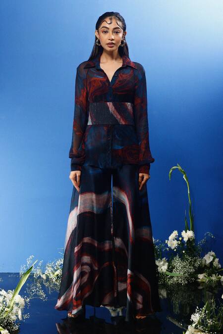 Forty Four_Multi Color Chiffon, Satin, Silk Shawl Neck Printed Sheer Shirt Pant Set_Online_at_Aza_Fashions