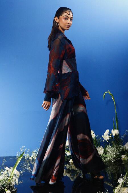 Buy_Forty Four_Multi Color Chiffon, Satin, Silk Shawl Neck Printed Sheer Shirt Pant Set_Online_at_Aza_Fashions