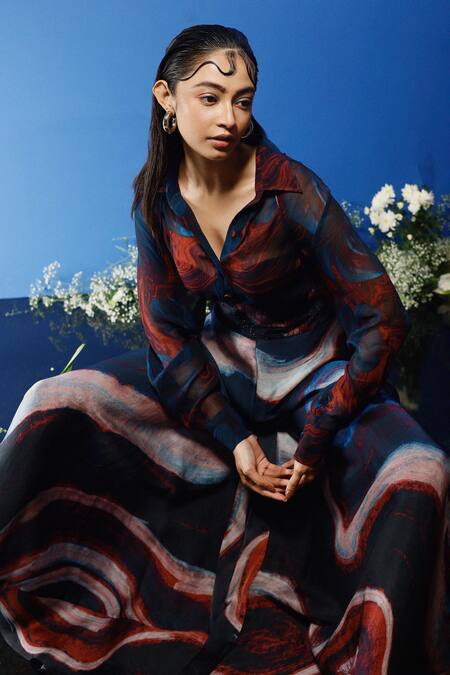 Shop_Forty Four_Multi Color Chiffon, Satin, Silk Shawl Neck Printed Sheer Shirt Pant Set_Online_at_Aza_Fashions