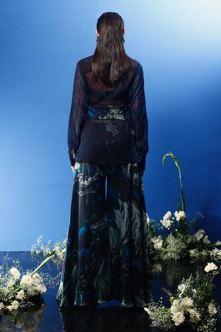 Shop Forty Four Multi Color Chiffon, Satin, Silk Sequins Collared Gradient Print Shirt Pant Set at Aza Fashions Shop_Forty Four_Multi Color Chiffon, Satin, Silk Sequins Collared Gradient Print Shirt Pant Set_at_Aza_Fashions