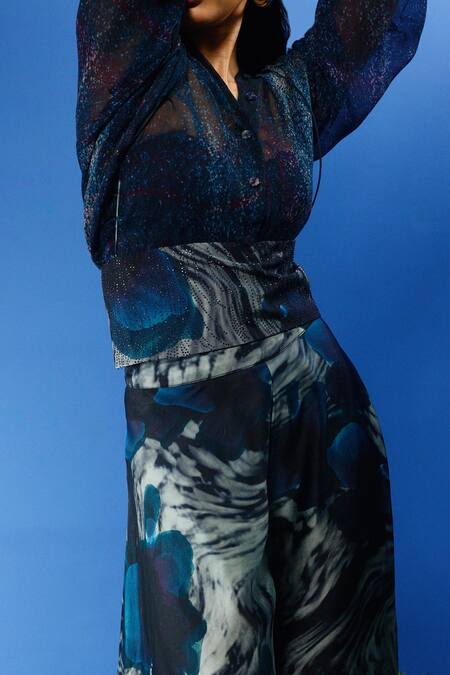 Forty Four Multi Color Chiffon, Satin, Silk Sequins Collared Gradient Print Shirt Pant Set at Aza Fashions Forty Four_Multi Color Chiffon, Satin, Silk Sequins Collared Gradient Print Shirt Pant Set_at_Aza_Fashions