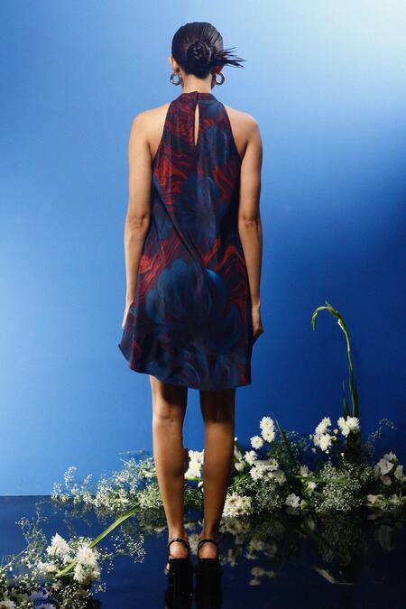 Shop_Forty Four_Multi Color Chiffon, Silk Stones Bandeau Neck Floral Abstract Print Dress_at_Aza_Fashions