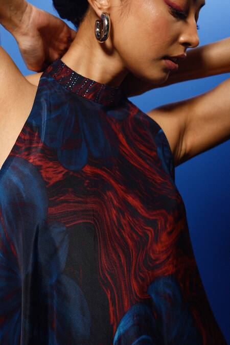 Buy_Forty Four_Multi Color Chiffon, Silk Stones Bandeau Neck Floral Abstract Print Dress