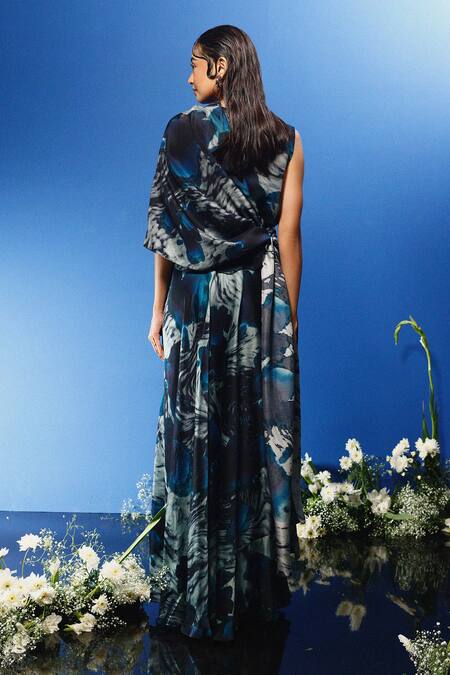 Shop_Forty Four_Multi Color Chiffon, Satin, Hemp Stones Round Abstract Print Drape Skirt Set_at_Aza_Fashions