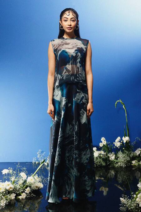Forty Four_Multi Color Chiffon, Satin, Hemp Stones Round Abstract Print Drape Skirt Set_Online_at_Aza_Fashions