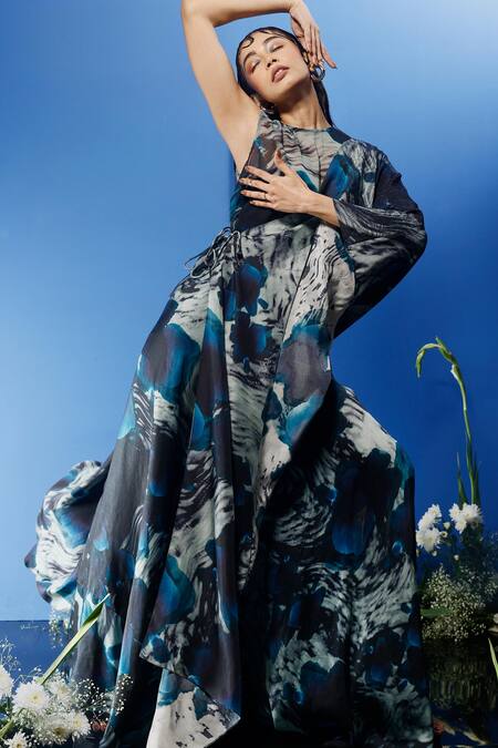 Buy_Forty Four_Multi Color Chiffon, Satin, Hemp Stones Round Abstract Print Drape Skirt Set_Online_at_Aza_Fashions