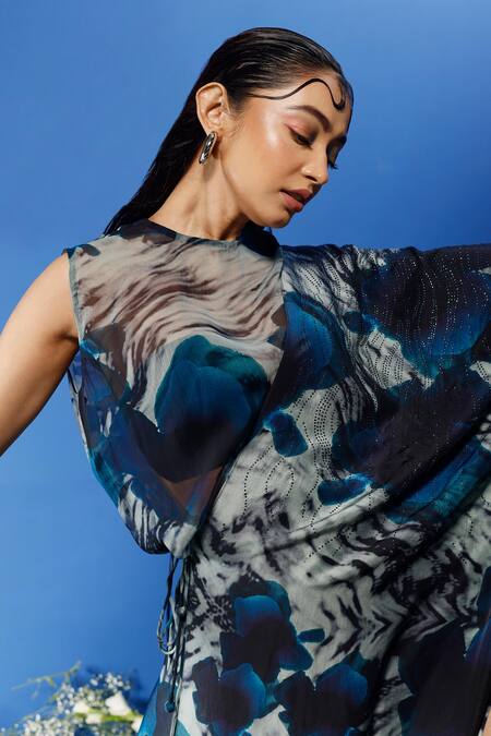 Forty Four_Multi Color Chiffon, Satin, Hemp Stones Round Abstract Print Drape Skirt Set_at_Aza_Fashions