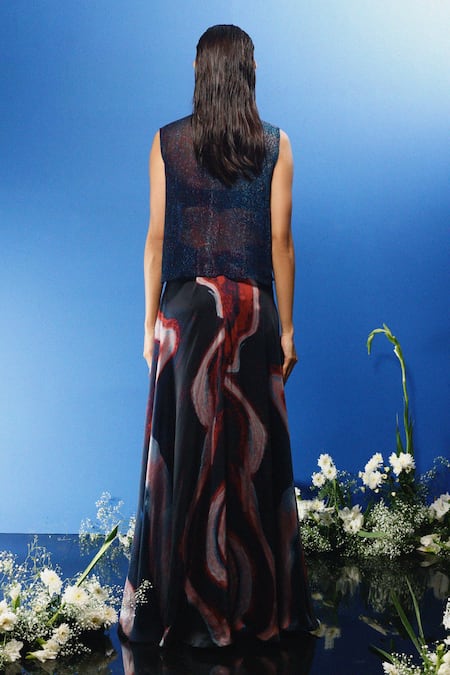 Shop_Forty Four_Multi Color Chiffon, Satin, Hemp Stones Floral Abstract Print Drape Skirt Set_at_Aza_Fashions