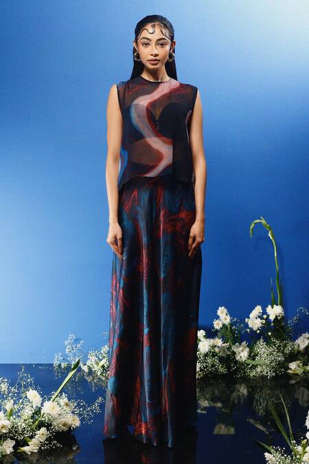 Forty Four_Multi Color Chiffon, Satin, Hemp Stones Floral Abstract Print Drape Skirt Set_Online_at_Aza_Fashions