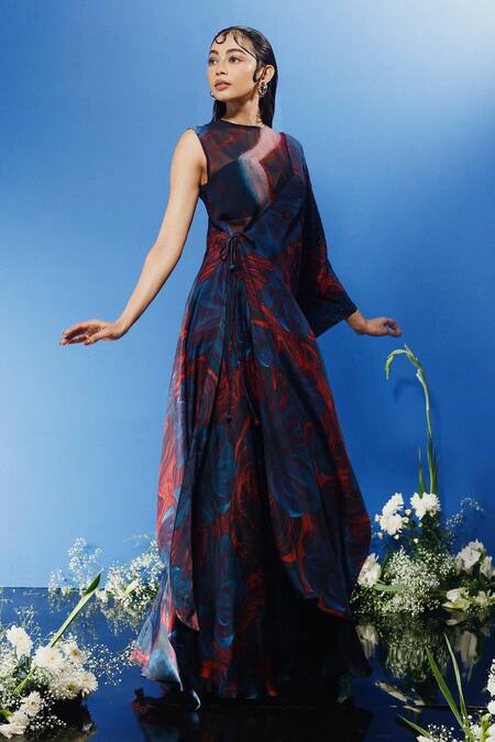 Shop_Forty Four_Multi Color Chiffon, Satin, Hemp Stones Floral Abstract Print Drape Skirt Set_Online_at_Aza_Fashions