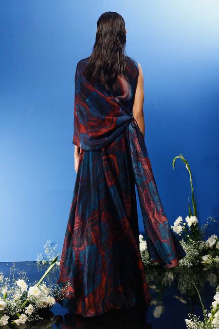 Buy_Forty Four_Multi Color Chiffon, Satin, Hemp Stones Floral Abstract Print Drape Skirt Set