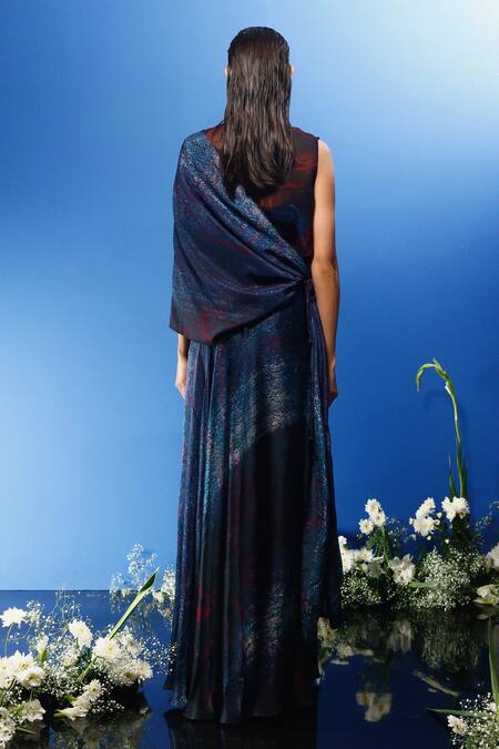 Shop_Forty Four_Multi Color Chiffon, Satin, Handloom Cotton Gradient Print Drape Skirt Set_at_Aza_Fashions