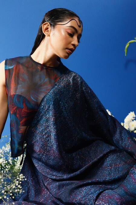 Shop_Forty Four_Multi Color Chiffon, Satin, Handloom Cotton Gradient Print Drape Skirt Set_Online_at_Aza_Fashions