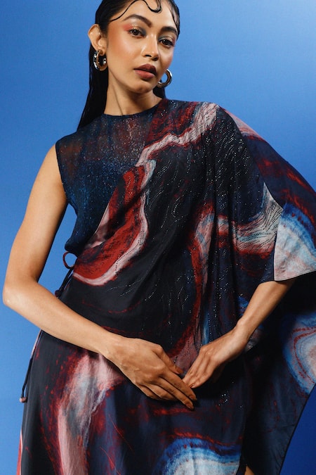 Forty Four_Multi Color Chiffon, Satin, Hemp, Handloom Abstract Wave Print Drape Skirt Set_Online_at_Aza_Fashions