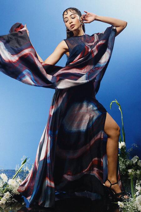 Shop_Forty Four_Multi Color Chiffon, Satin, Hemp, Handloom Abstract Wave Print Drape Skirt Set_Online_at_Aza_Fashions