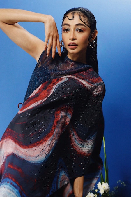 Forty Four_Multi Color Chiffon, Satin, Hemp, Handloom Abstract Wave Print Drape Skirt Set_at_Aza_Fashions